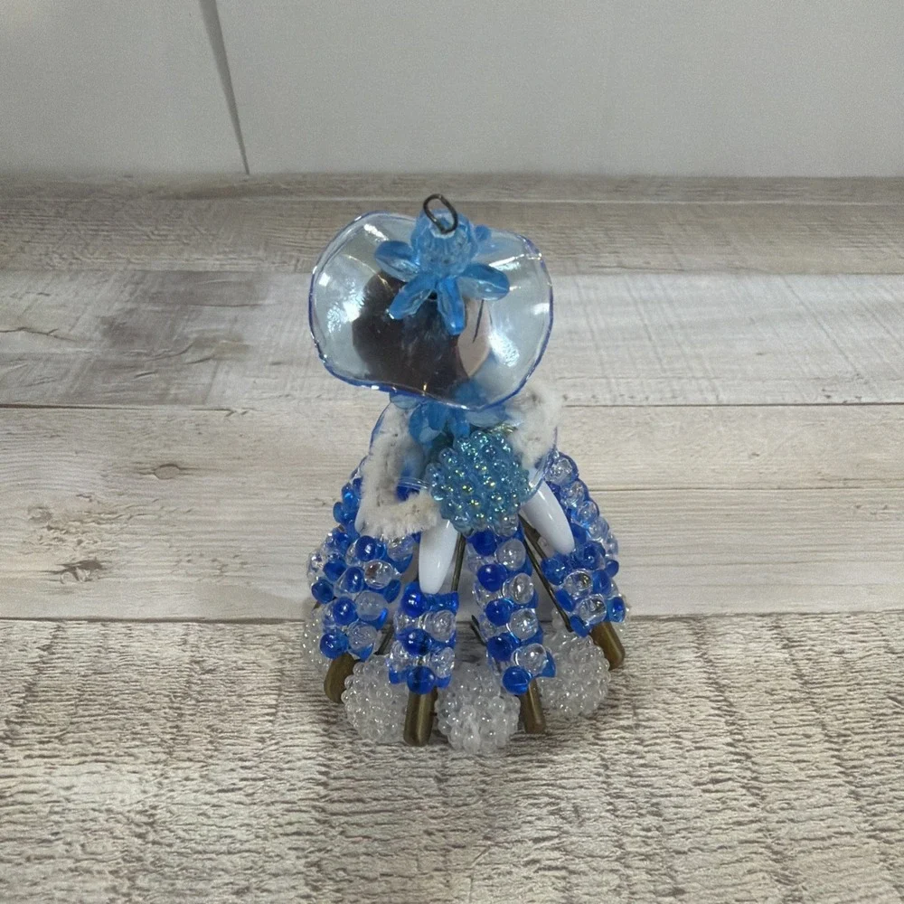 Vintage Handmade Beaded Safety Pin Victorian Lady Christmas Ornament Blue